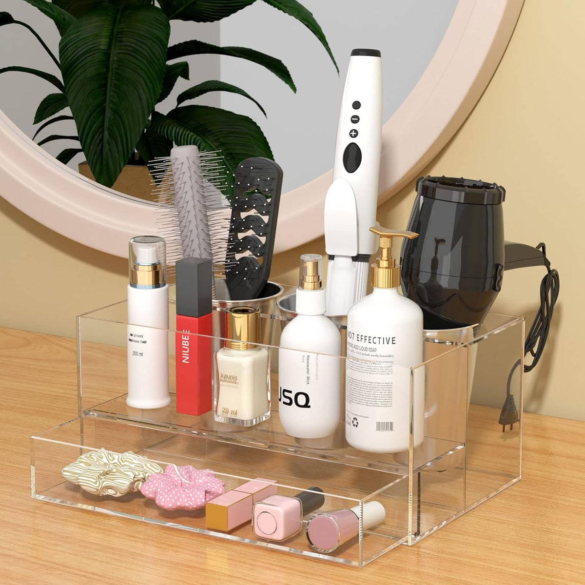 NIUBEE Acrylic Hair Tool Organizer with Drawer, Hair Dryer Holder Organizer