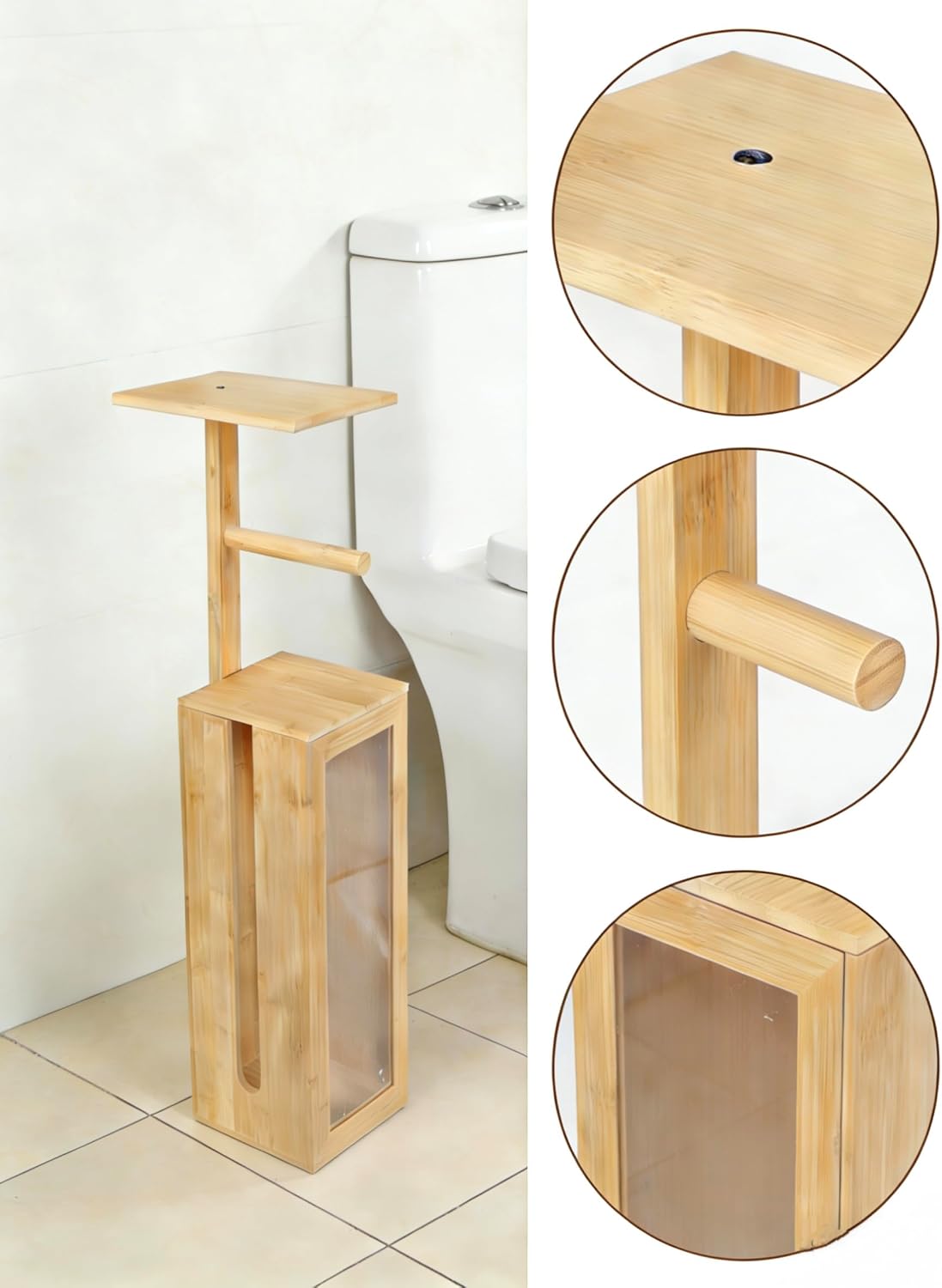 Toilet Paper Holder Stand - Storage Stand,Holds 3 Rolls Toilet Paper Storage with Lid,with Free Standing Toilet Paper Holder and Top Shelf for Kitchen, Pantry,Toilet and Bathroom (Natural Bamboo)