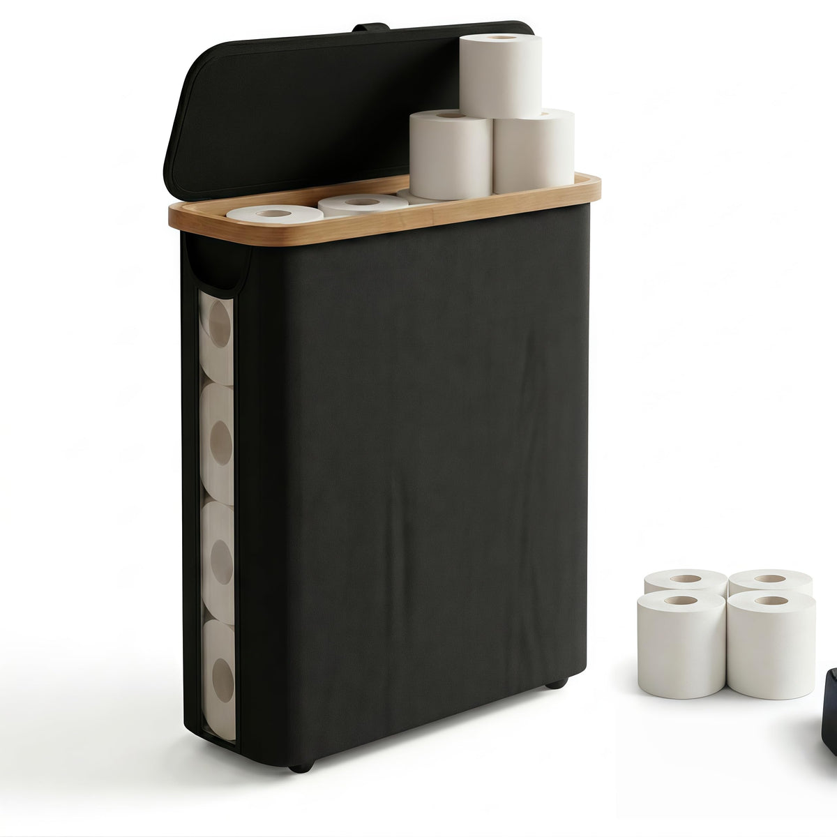 SENMOK 12-Roll Toilet Paper Storage with Lid, Bamboo Frame(Black)