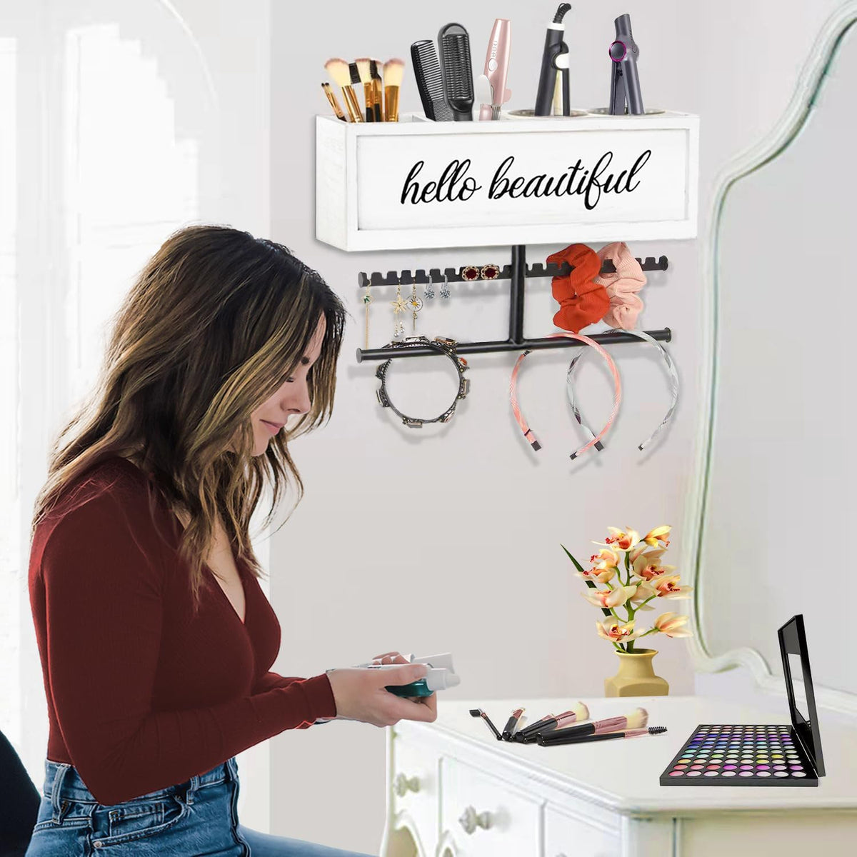 Rustic Hair Dryer Holder Wall Mounted,Hair Styling Tools & Accessories Organizer,Bathroom Supplies & hot Tools vanities Organizer Caddy,for Storage Flat Iron,Blow Dryer,Curling Iron (White)