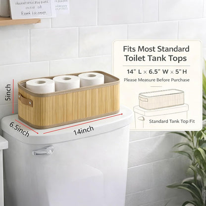 Bamboo Woven Toilet Tank Basket with PU Handles, Storage Basket for Bathroom, Holds 3 Toilet Paper Rolls, Narrow Wicker Storage Basket for Shelves, Countertop, Vanity, Tank Top