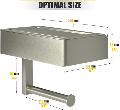 Brushed Nickel Toilet Paper Holder Wall Mounted with Shelf & Wipes Storage – Stainless Steel SUS304 Modern Toilet Tissue Roll Holder for Bathroom, Kitchen – Adhesive and Screw Installation