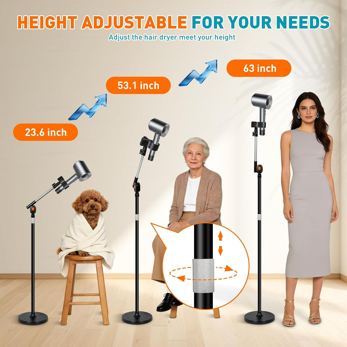 23.6–63" Adjustable Hair Dryer Stand Hands Free with Heavy Base