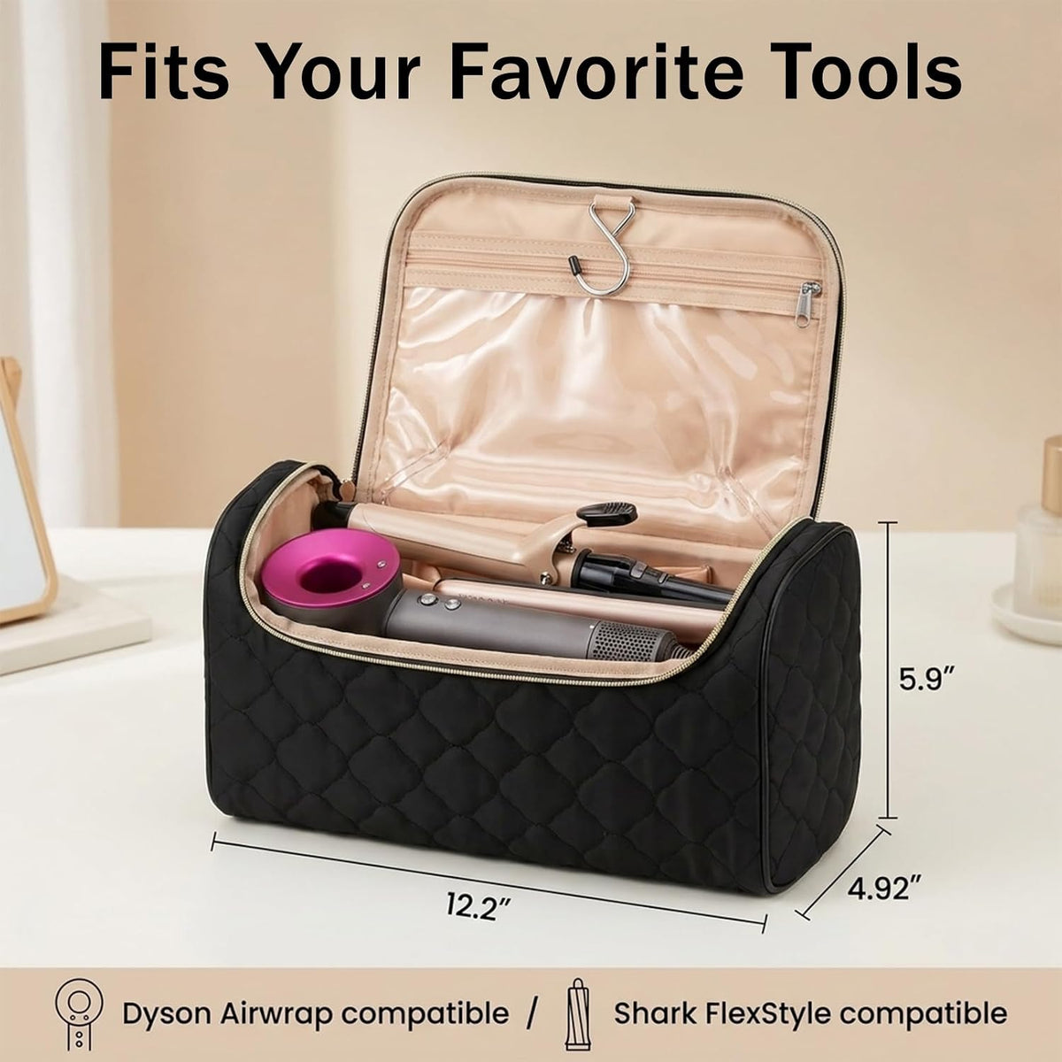 Hair Tool Travel Bag Set for Women | Heat Resistant Organizer for Curling Iron, Flat Iron & Hair Styling Tools with Silicone Heat Mat, Hanging Hook, Cord Organizer for Travel, Hotel & Home