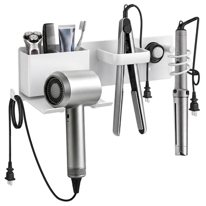 Hair Dryer Holder Wall Mount with 2 Storage Compartments, Aerospace Aluminum Blow Dryer Curling Iron Flat Iron Holder, No Drill Adhesive Bathroom Hair Tool Organizer, Heat Resistant (Black)