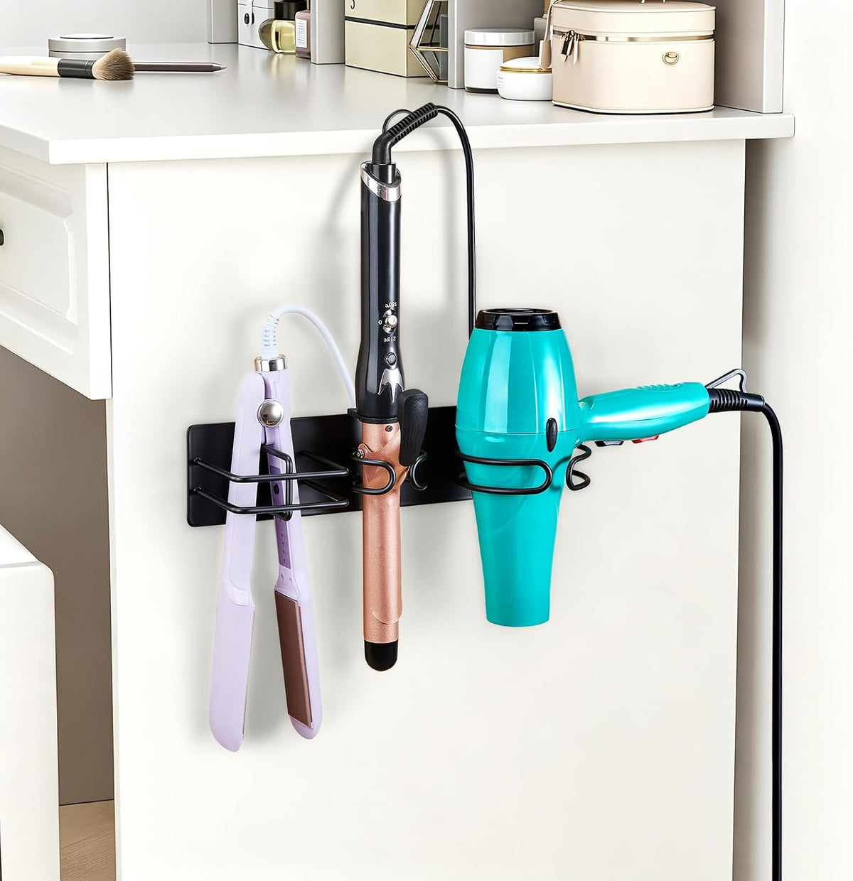 Blow Dryer Holder Wall Mounted Curling Iron Holder, 3 in 1 Hair Tool Organizer for Straightener, Curling Iron, Hair Dryer Holder Adhesive Flat Irons Storage for Bathroom Barber Shop (Black)