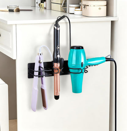 Blow Dryer Holder Wall Mounted Curling Iron Holder, 3 in 1 Hair Tool Organizer for Straightener, Curling Iron, Hair Dryer Holder Adhesive Flat Irons Storage for Bathroom Barber Shop (Black)