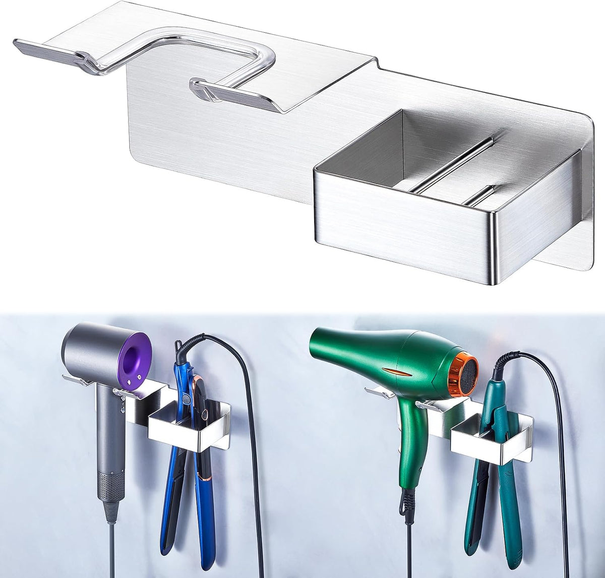 Hair Dryer and Straightener Holder Wall Mounted, Metal Adhesive Hair Tool Organizer for Blow Dryer, Curling Iron, Flat Iron, Bathroom Vanity Salon Barber Shops (Silver)