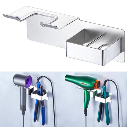 Hair Dryer and Straightener Holder Wall Mounted, Metal Adhesive Hair Tool Organizer for Blow Dryer, Curling Iron, Flat Iron, Bathroom Vanity Salon Barber Shops (Silver)