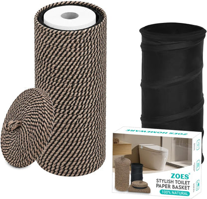 ZOES HOMEWARE Jute Toilet Paper Storage Basket with Lid,Bathroom Toilet Paper Holder Stand for 3 Mega Rolls,Tissue Holder for Bathroom with Removable Waterproof Insert, 7"x7"x13.5"