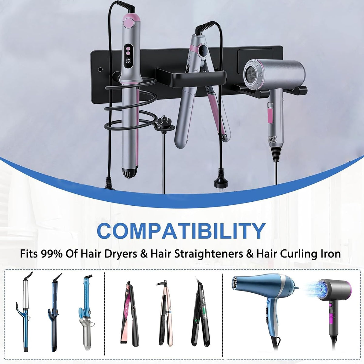 3-in-1 Aluminum Hair Dryer Holder, Matte Black Styling Tools Rack