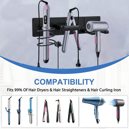 3-in-1 Aluminum Hair Dryer Holder, Matte Black Styling Tools Rack