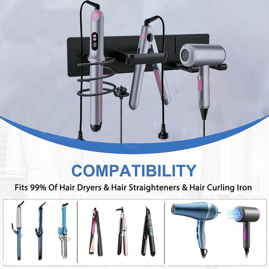 3-in-1 Aluminum Hair Dryer Holder, Matte Black Styling Tools Rack