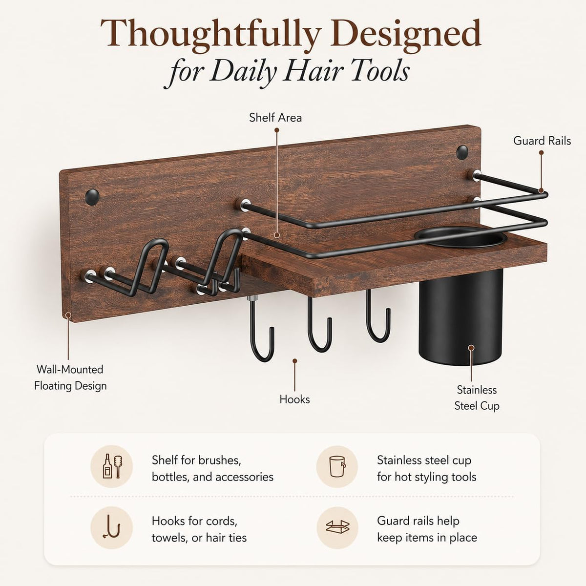 RoleDes Wooden Hair Dryer Holder Wall Mounted, Bathroom Hair Tool Organizer, Blow Dryer Holder Shelf, Curling Iron and Hair Styling Tools Organizer