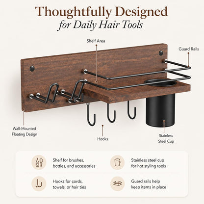 RoleDes Wooden Hair Dryer Holder Wall Mounted, Bathroom Hair Tool Organizer, Blow Dryer Holder Shelf, Curling Iron and Hair Styling Tools Organizer