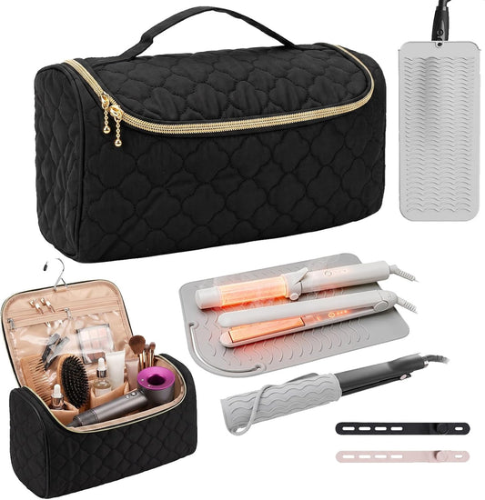 Hair Tool Travel Bag Set for Women | Heat Resistant Organizer for Curling Iron, Flat Iron & Hair Styling Tools with Silicone Heat Mat, Hanging Hook, Cord Organizer for Travel, Hotel & Home
