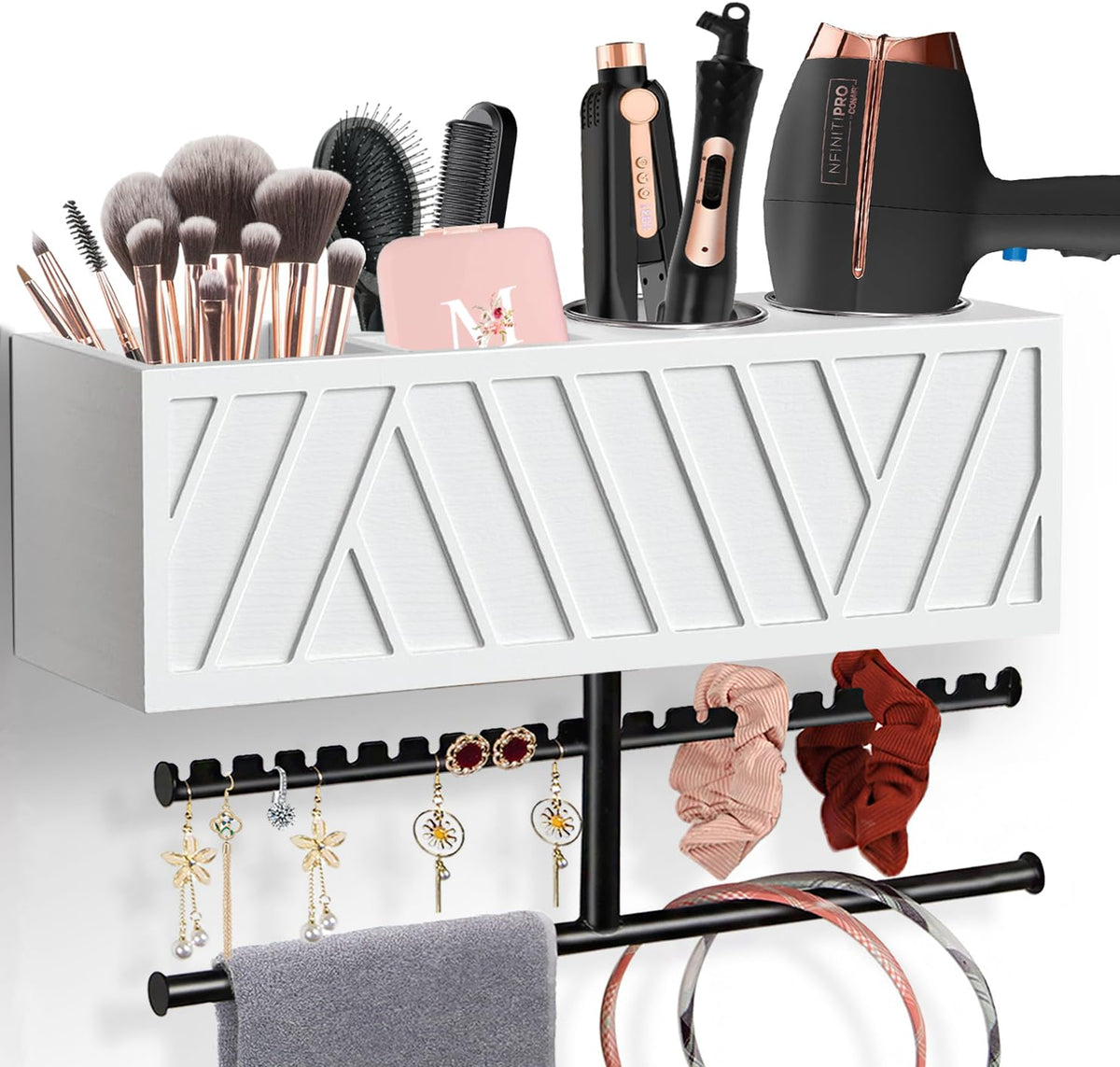 Rustic Hair Dryer Holder Wall Mounted,Hair Styling Tools & Accessories Organizer,Bathroom Supplies & hot Tools vanities Organizer Caddy,for Storage Flat Iron,Blow Dryer,Curling Iron (White)