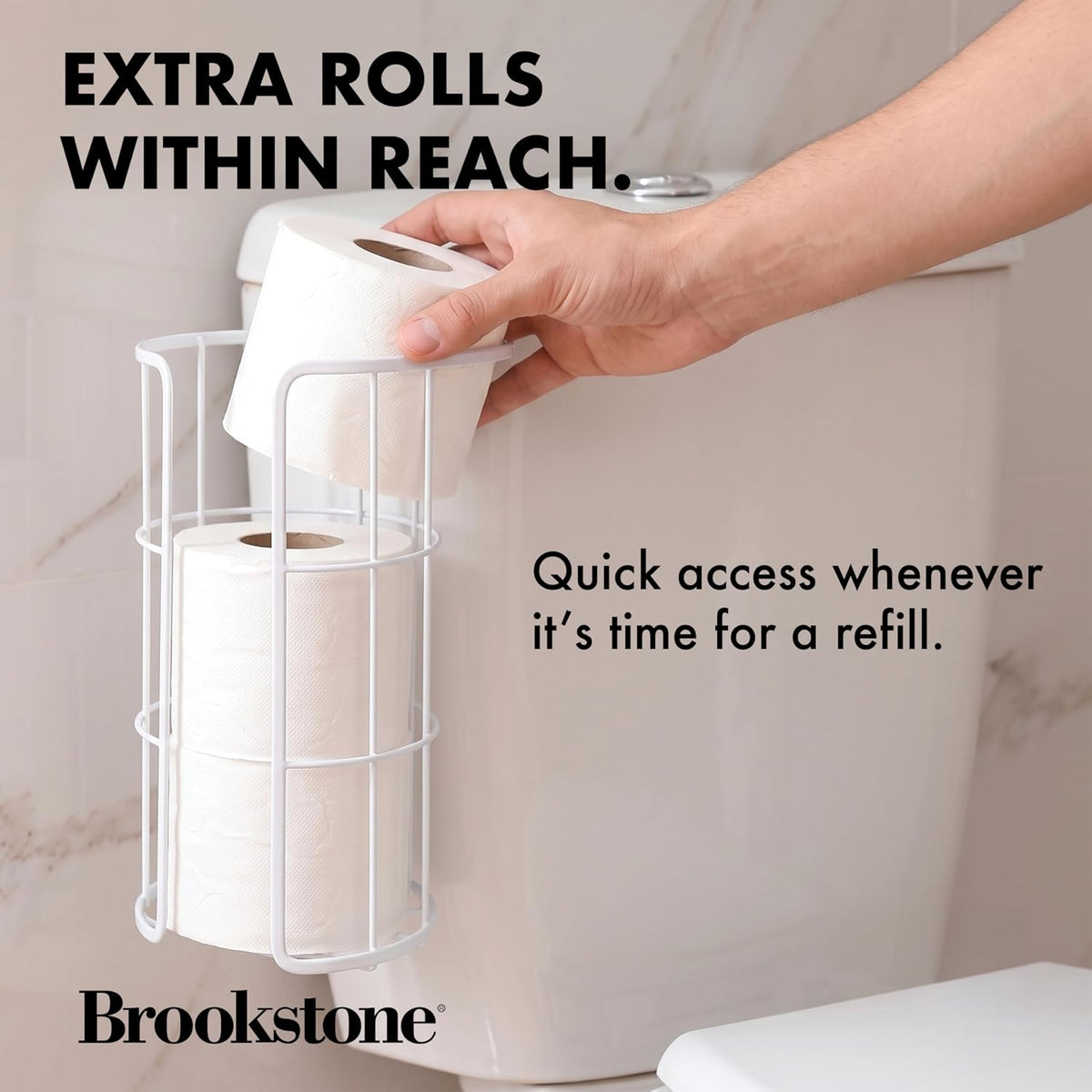BROOKSTONE Over the Toilet Paper Holder Reserve - Toilet Paper Holder with Storage, Bathroom Toilet Paper Organizer, Metal Toilet Paper Roll Holder Fits Any Size Rolls - Matte White