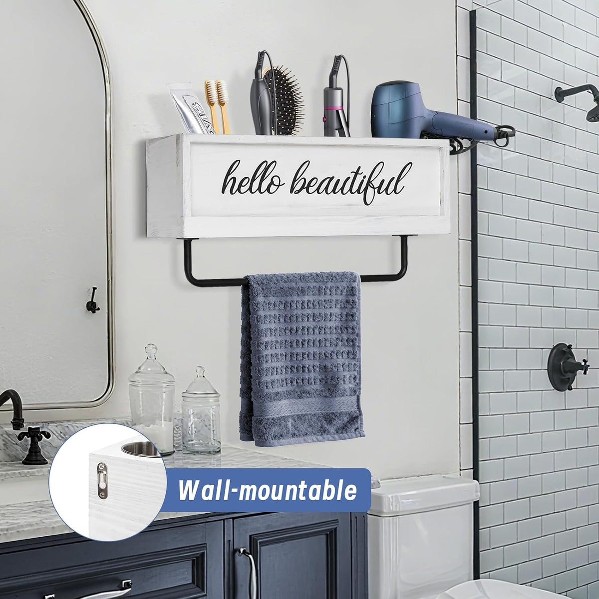 Hair Dryer Holder Wall Mounted, Hair Tools and Styling Organizer with Towel Bar, Farmhouse Beauty Hair Appliance Holder for Flat Iron, Curling Wand, Towel Rack (White)