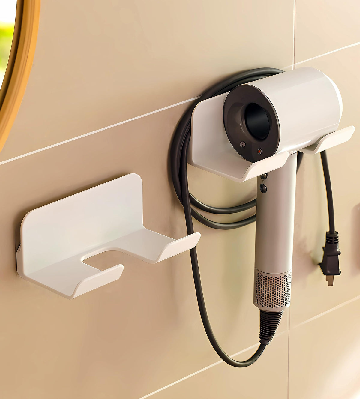 Universal Hair Dryer Holder, Blow Dryer Hanger Wall Mount for Hair Dryer Hook with Plug&Cord Organizer Self Adhesive for Cabinet Bathroom(1 Pack Black)
