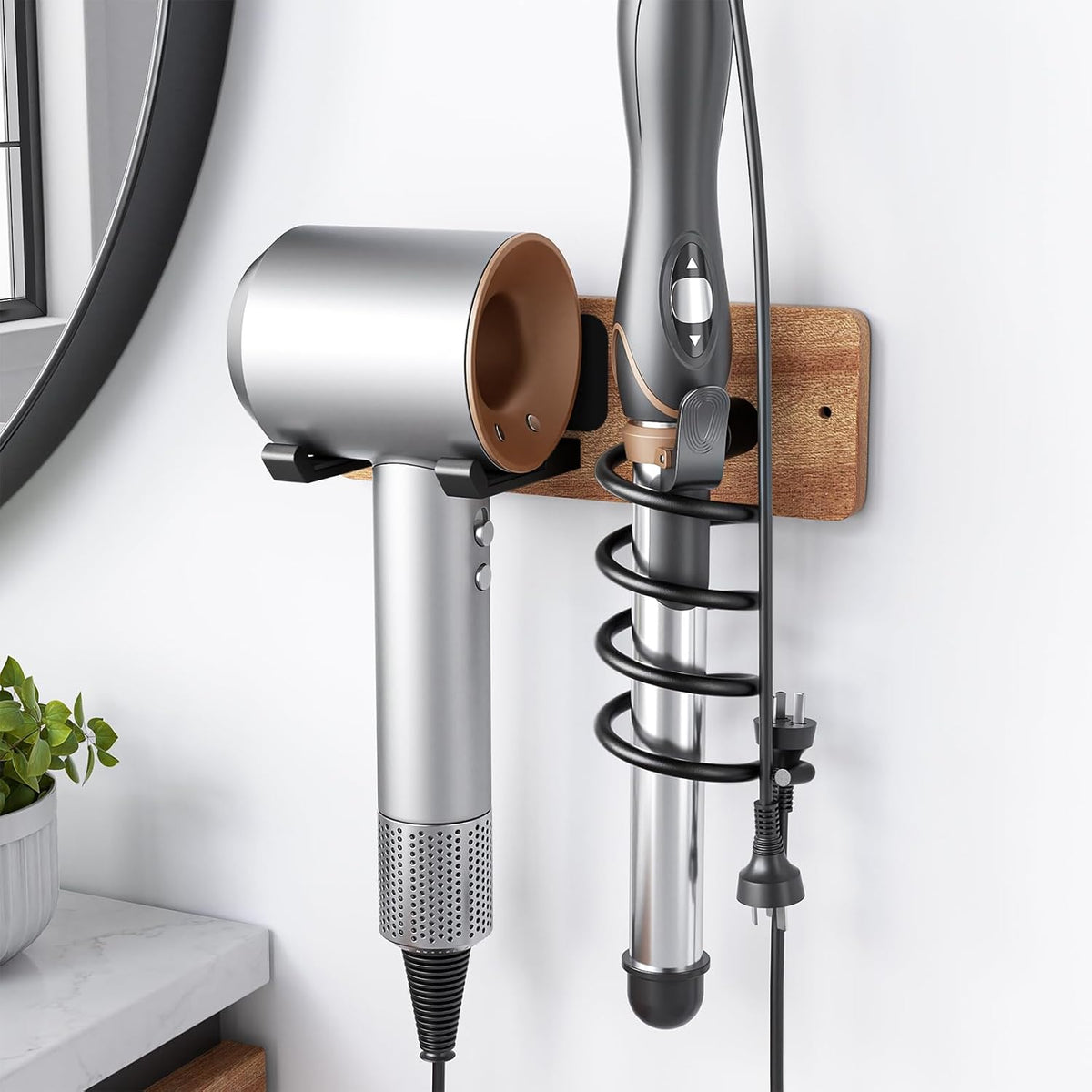 Tindbea Hair Dryer Holder + Curling Iron Holder,Blow Dryer Holder Wall Mount, Bathroom Hair Tool Organizer Rack for Universal Dryer Matte Black