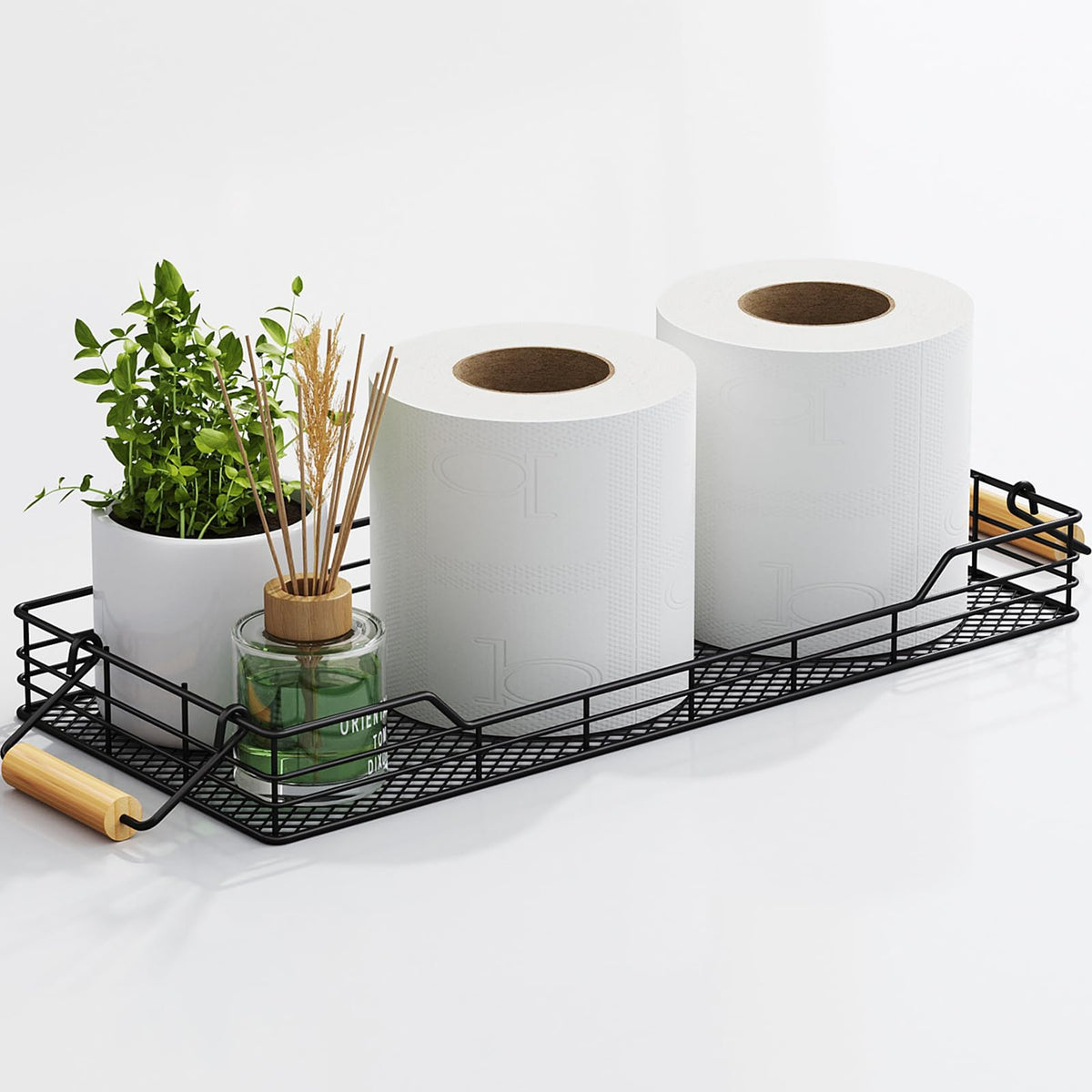 Tank Bamboo Bathroom Tray, Back Toilet Paper Holder Basket Storage, White