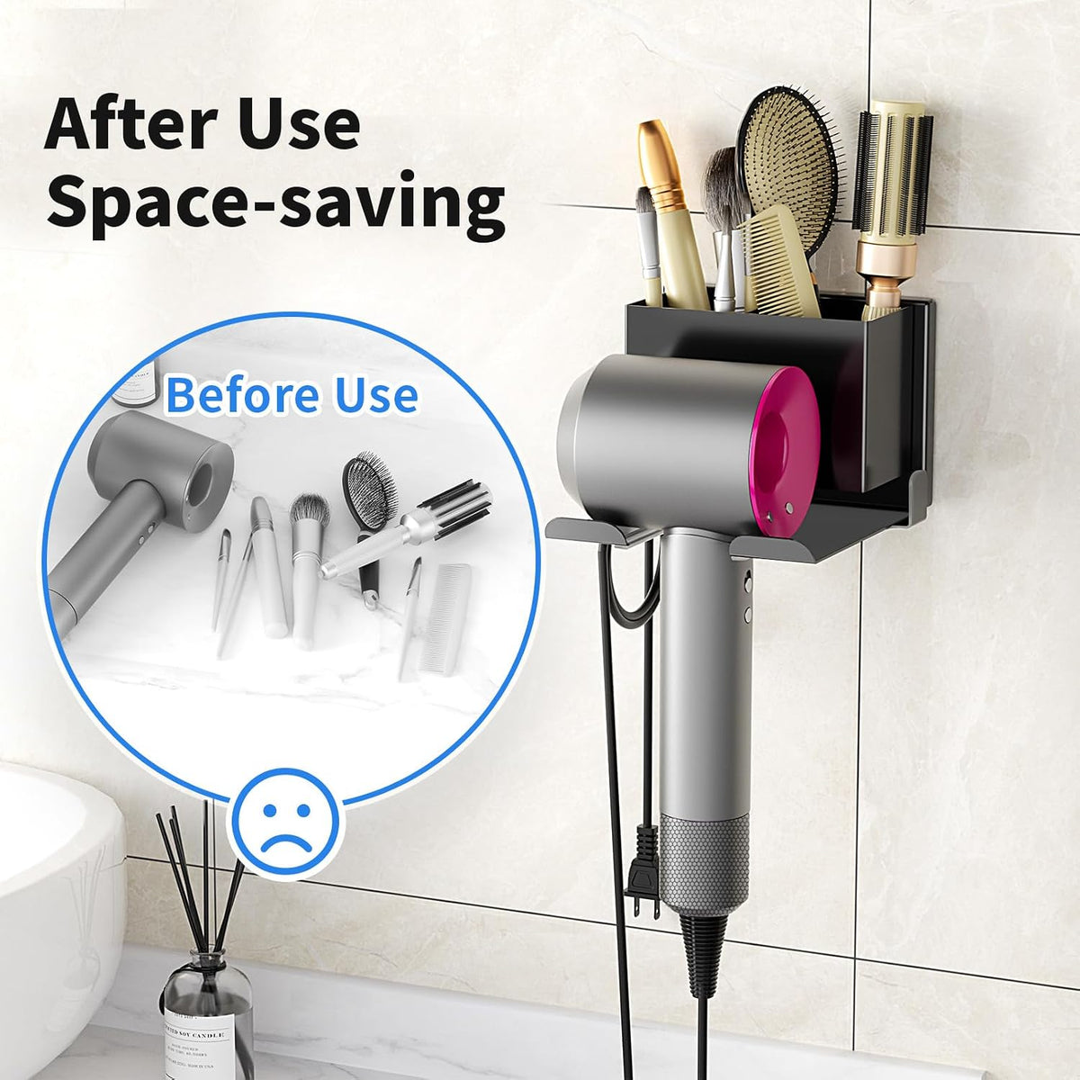 Hair Dryer Holder Wall Mounted, Hair Tools Organizer for Bathroom, Black