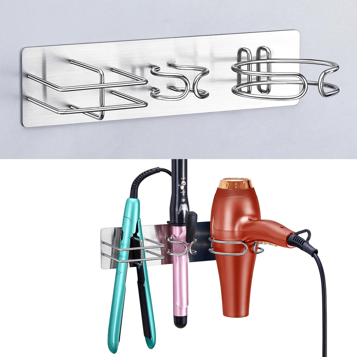 Blow Dryer Holder Wall Mounted Curling Iron Holder, 3 in 1 Hair Tool Organizer for Straightener, Curling Iron, Hair Dryer Holder Adhesive Flat Irons Storage for Bathroom Barber Shop (Black)