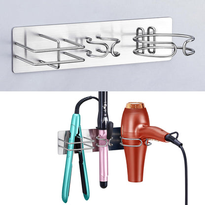 Blow Dryer Holder Wall Mounted Curling Iron Holder, 3 in 1 Hair Tool Organizer for Straightener, Curling Iron, Hair Dryer Holder Adhesive Flat Irons Storage for Bathroom Barber Shop (Black)