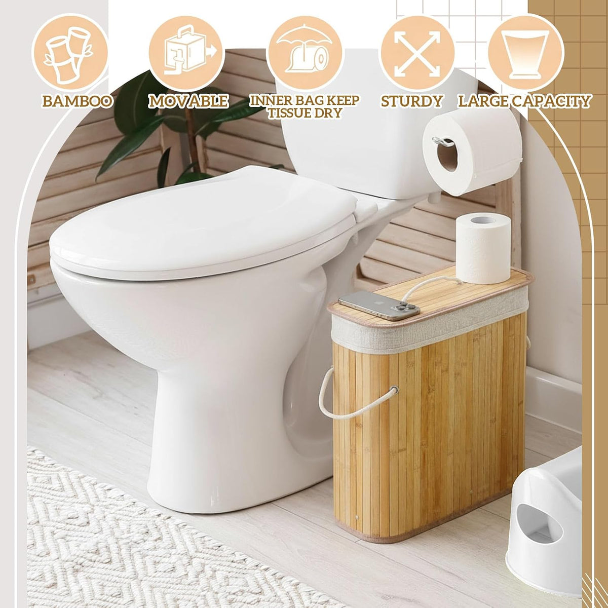 Leinuosen Bamboo Toilet Paper Storage Basket with Lid, Beige, Regular
