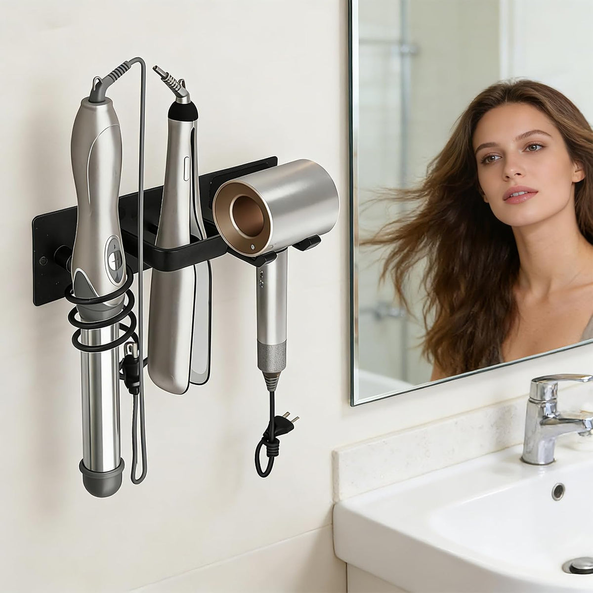 Penitue 3 in 1 Hair Tool Organizer Wall Mount, Space Aluminum Hair Dryer Holder Curling Iron & Straightener Holder Rack Flat Iron Storage Wall Mounted Blow Hot Tool Stand for Bathroom Vanity or Salon