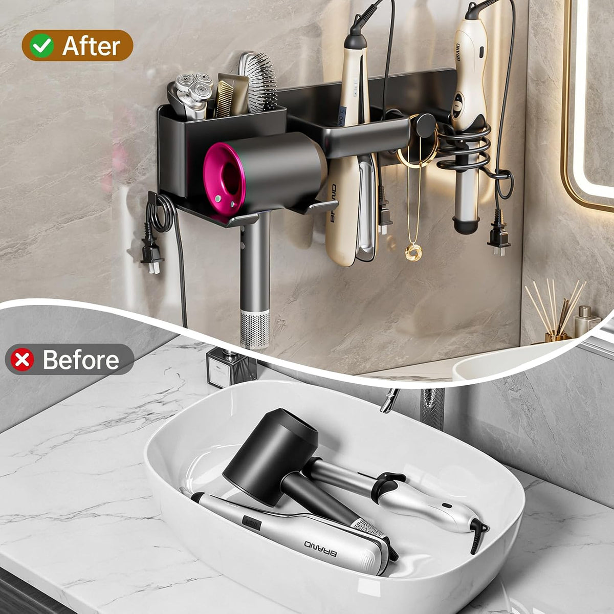 5 in 1 Hair Dryer Holder Hair Tool Organizer Metal Wall Mount (Black)