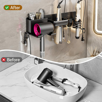 5 in 1 Hair Dryer Holder Hair Tool Organizer Metal Wall Mount (Black)