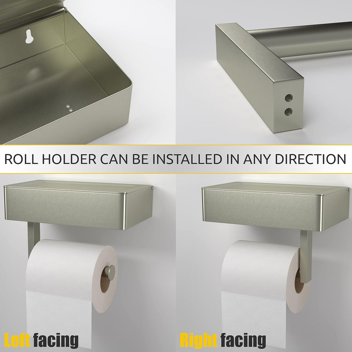 Brushed Nickel Toilet Paper Holder Wall Mounted with Shelf & Wipes Storage – Stainless Steel SUS304 Modern Toilet Tissue Roll Holder for Bathroom, Kitchen – Adhesive and Screw Installation