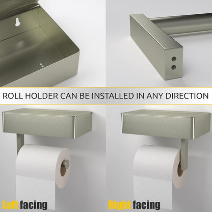 Brushed Nickel Toilet Paper Holder Wall Mounted with Shelf & Wipes Storage – Stainless Steel SUS304 Modern Toilet Tissue Roll Holder for Bathroom, Kitchen – Adhesive and Screw Installation