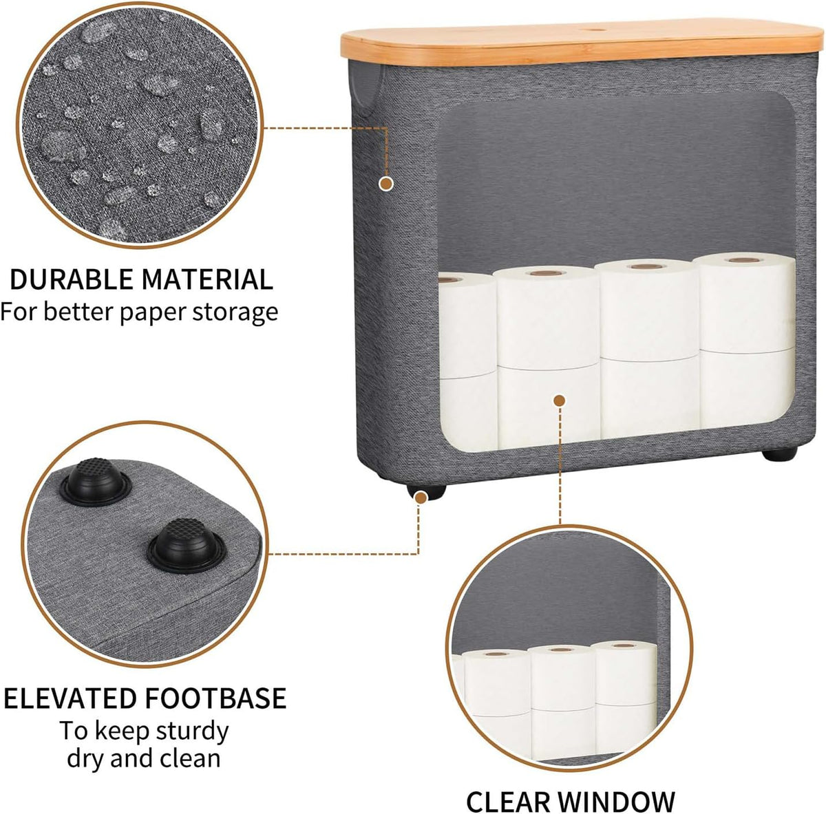 Toilet Paper Storage with Bamboo Lid,Foldable Basket Organizer for Bathroom, Holds 9 Mega/12 Regular Rolls, Waterproof Toilet Paper Holder Storage with Non-Slip Base,Gray