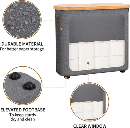 Toilet Paper Storage with Bamboo Lid,Foldable Basket Organizer for Bathroom, Holds 9 Mega/12 Regular Rolls, Waterproof Toilet Paper Holder Storage with Non-Slip Base,Gray