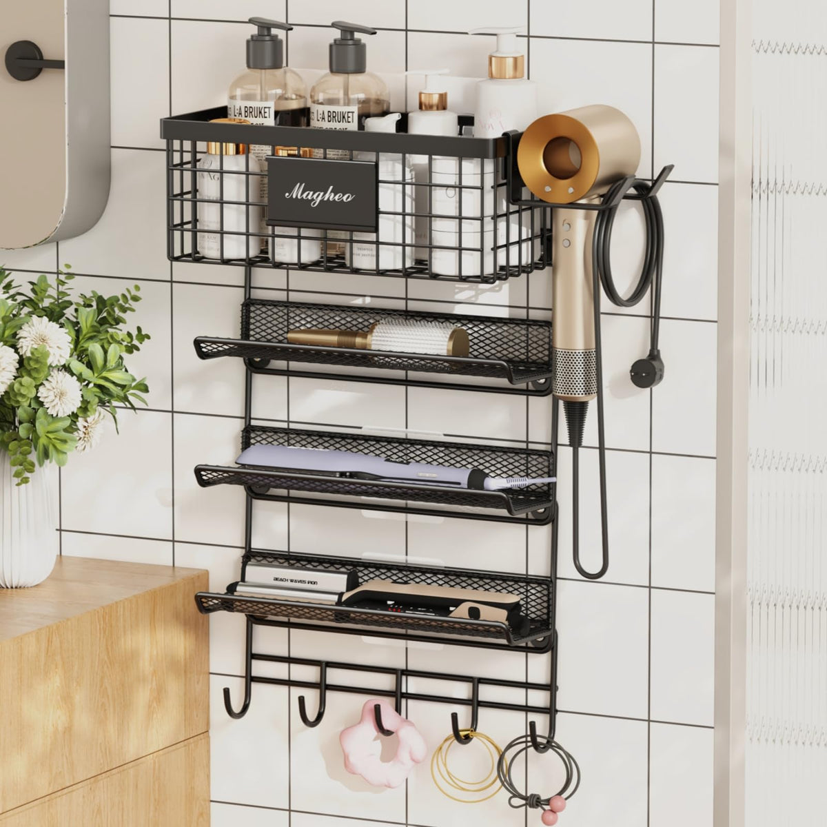 Magheo Hair Dryer Holder Wall Mounted, Adheisve Hair Tool Organizer for hair Brush/Appliance Wall Mount with 5 Tier Shelf Basket Hooks Blow Dryer and Straightener Holder for Bathroom(Black)