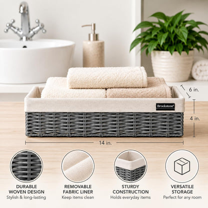 Brookstone Over the Toilet Tank Wicker Storage Basket, Bathroom and Closet Organizers and Storage Bins with Fabric Liner, Grey, 2 Pack Set