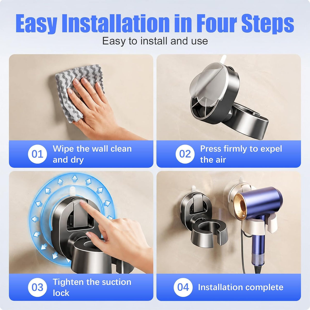 Universal Hair Dryer Holder Wall Mounted Rotates 45° Left & Right