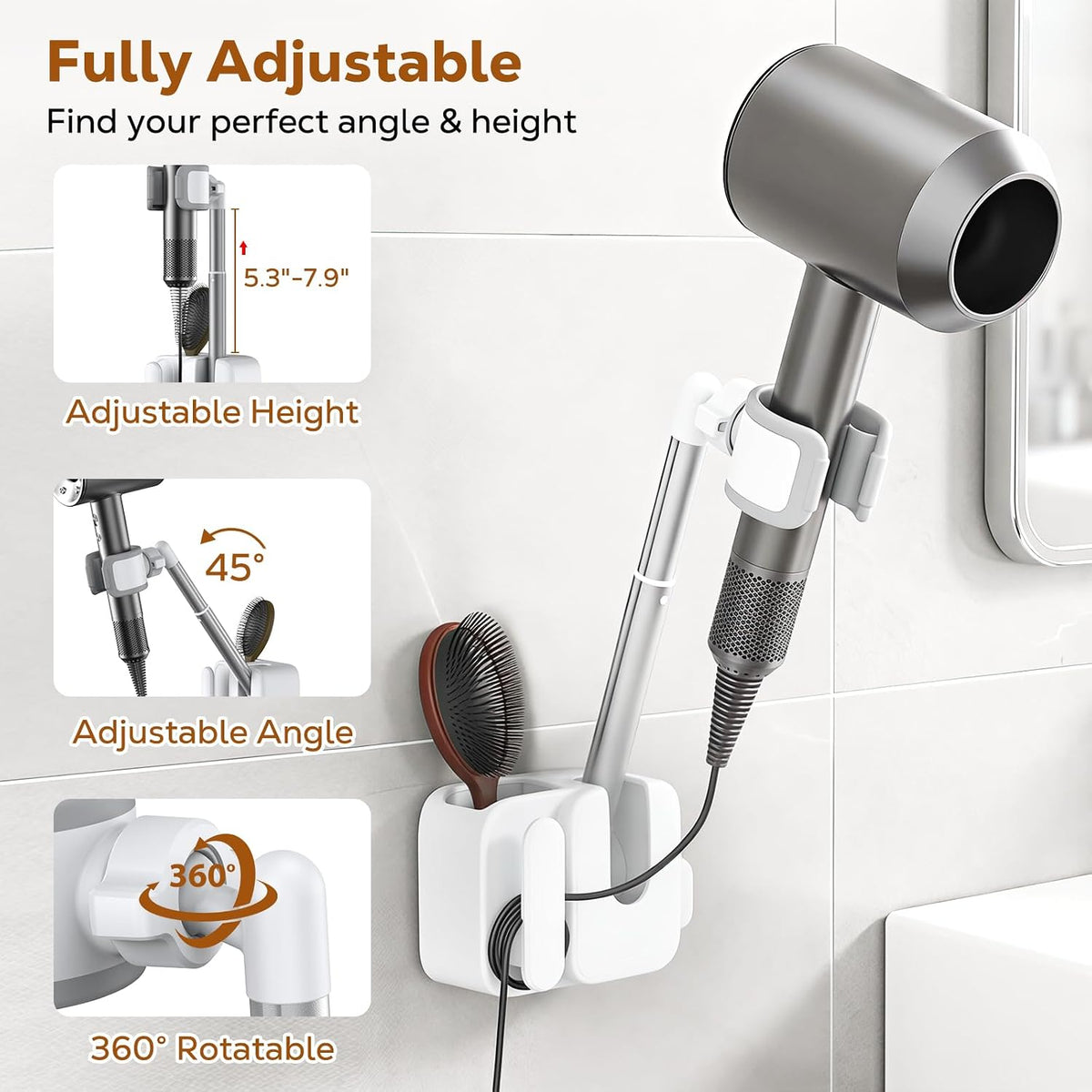 MoKo Hair Dryer Holder Wall Mounted, Hands Free Blow Dryer Holder