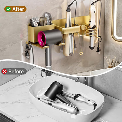5 in 1 Hair Dryer Holder Hair Tool Organizer Metal Wall Mount (Gold)