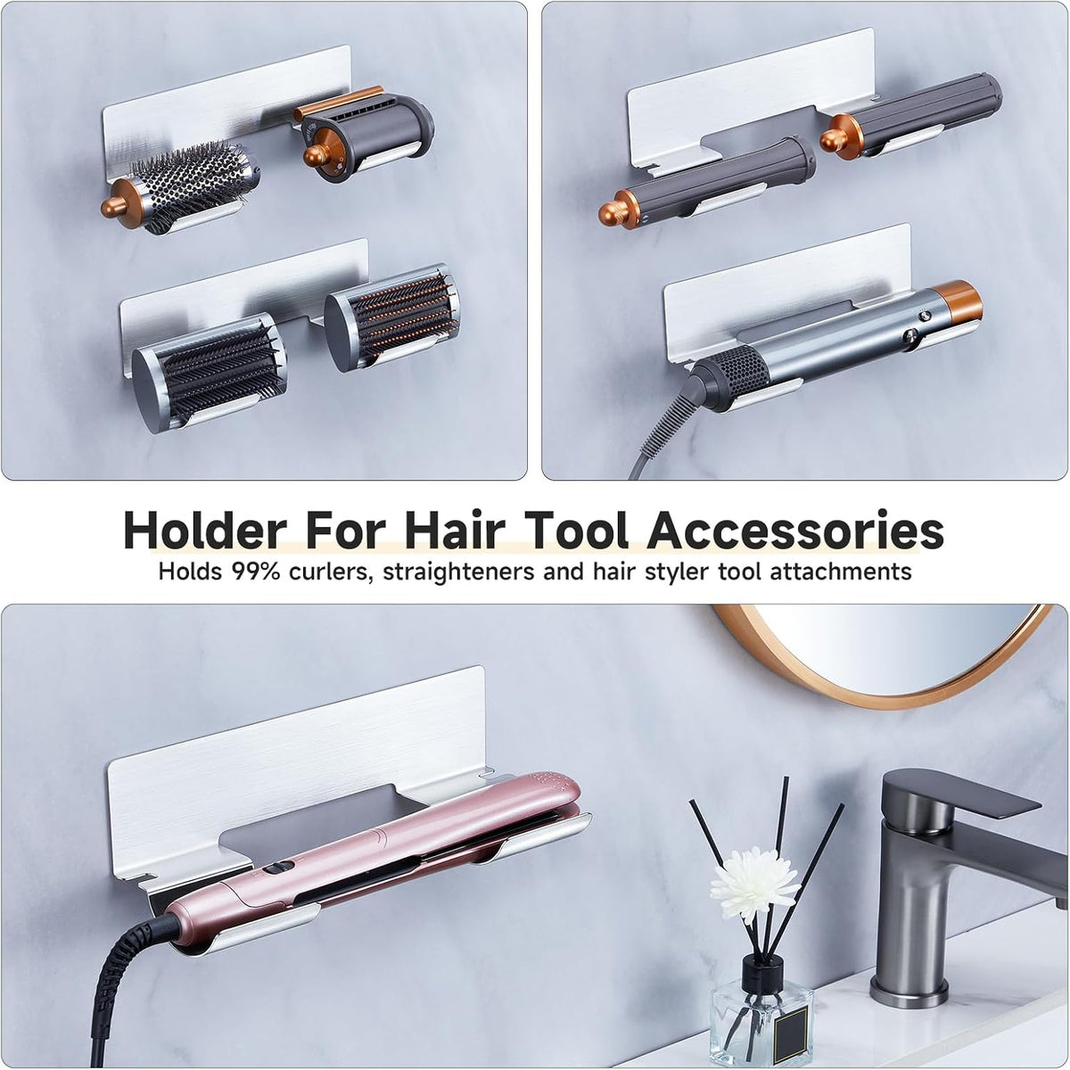 1PC Hair Straightener Holder Wall Mount Curling Iron Holder, Hair Dryer Holders for Wands & Styler Attachments, Flat Iron Holders Adhesive Hair Tool Organizer Vanity Bath Hair Tool Holder, Silver