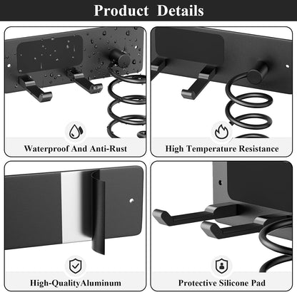 Tindbea Hair Dryer Holder + Curling Iron Holder,Blow Dryer Holder Wall Mount, Bathroom Hair Tool Organizer Rack for Universal Dryer Matte Black