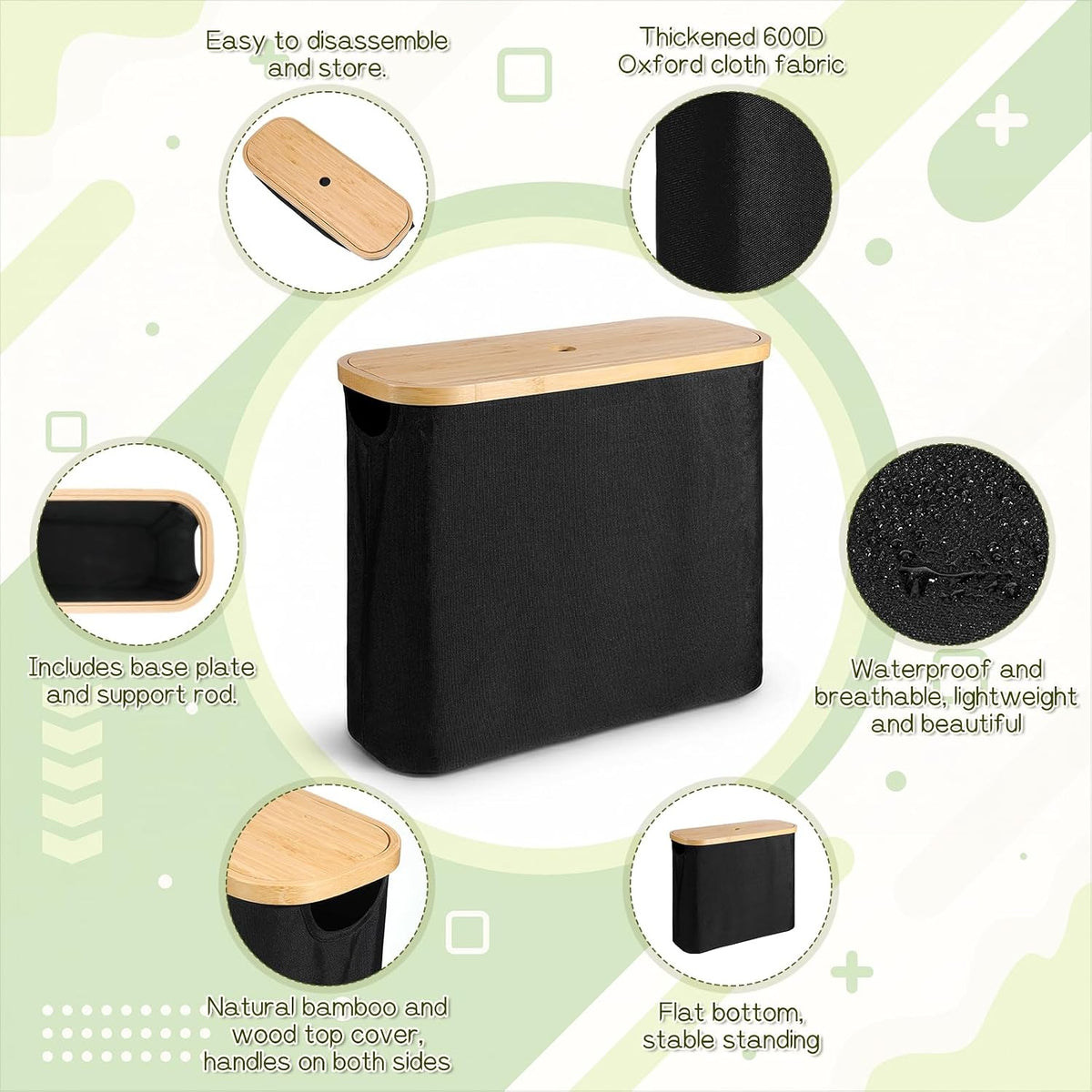 Toilet Paper Storage with Bamboo Lid, Toilet Paper Basket, Bathroom Storage Organizer with Bamboo Lid Holds Up to 9 Mega or 12 Regular Size Rolls, Black