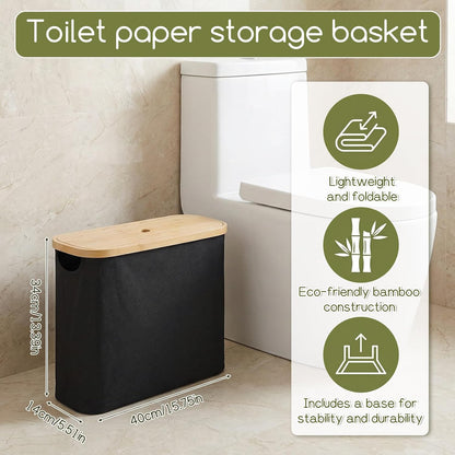 Toilet Paper Storage with Bamboo Lid, Toilet Paper Basket, Bathroom Storage Organizer with Bamboo Lid Holds Up to 9 Mega or 12 Regular Size Rolls, Black