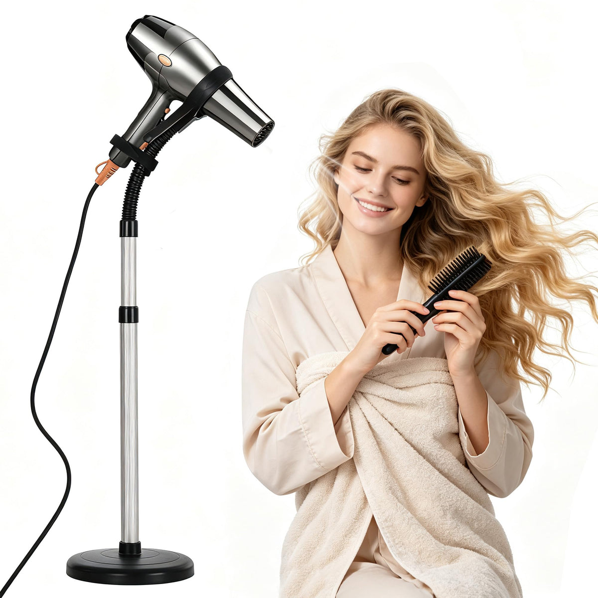 Erytlly Hair Dryer Stand Hands Free 360-Degree Rotating Adjustable Height Metal Hair Dryer Holder Blow Dryer Holder About for 0.5kg Hair Dryer in Bathroom, Vanity, Makeup Room Basic