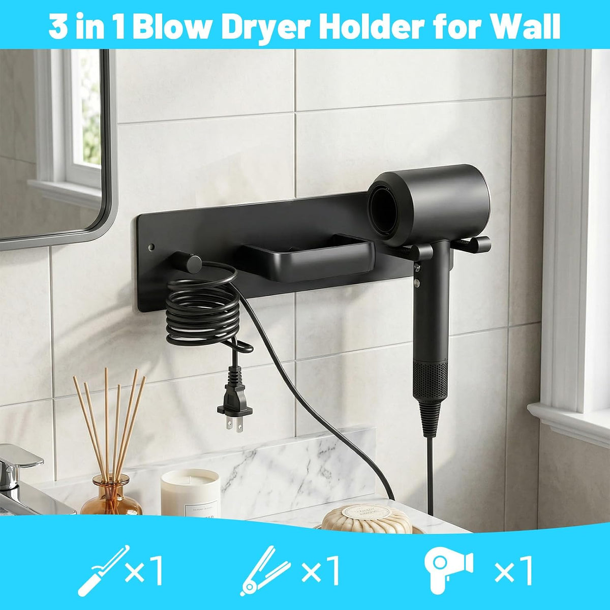 3-in-1 Hair Dryer Holder Wall Mount, Hair Tool Organizer with Curling Iron & Flat Iron Holder, Universal Blow Dryer Stand for Bathroom Vanity, Matte Black