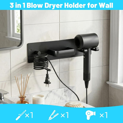 3-in-1 Hair Dryer Holder Wall Mount, Hair Tool Organizer with Curling Iron & Flat Iron Holder, Universal Blow Dryer Stand for Bathroom Vanity, Matte Black
