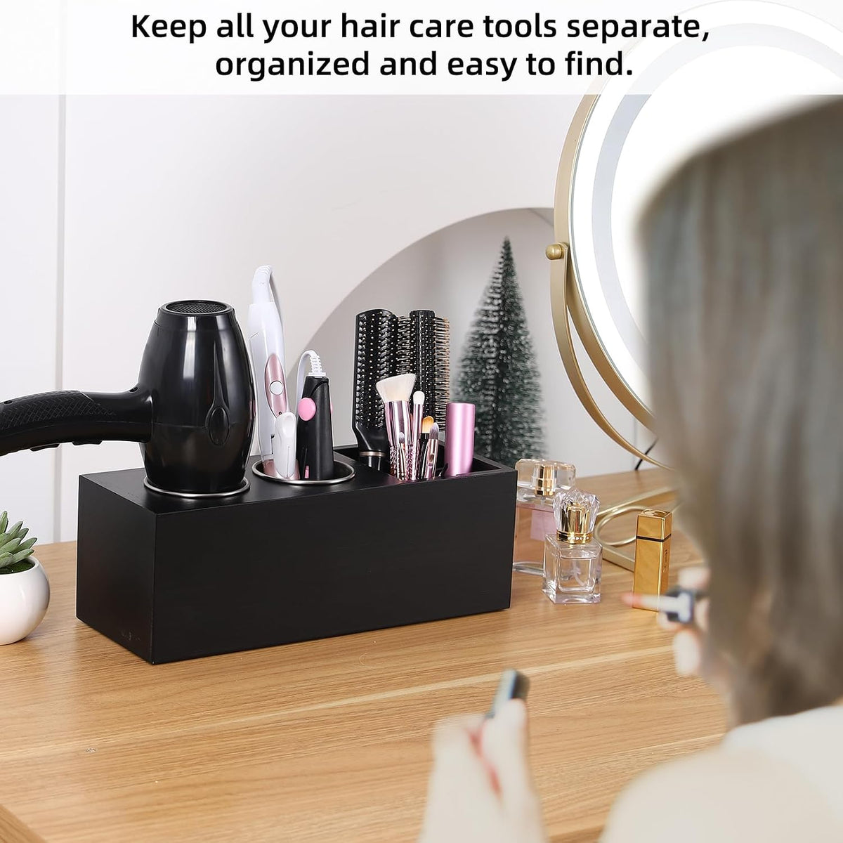 Hair Dryer Holder and Tool Organizer, Wood, Black
